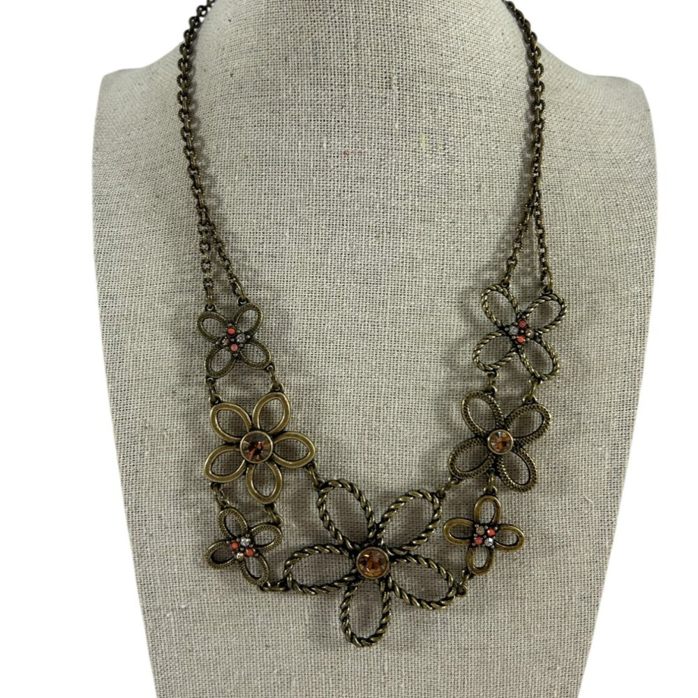 Vtg Nina Ricco Avon Brass Tone Floral Statement Necklace Rhinestones Boho Bib